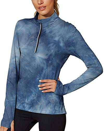 icyzone Damen Sport Langarm Shirts 1/4 Reißverschluss Laufshirt Langarmshirt mit Daumenloch Fitness Oberteile (M, Denim)