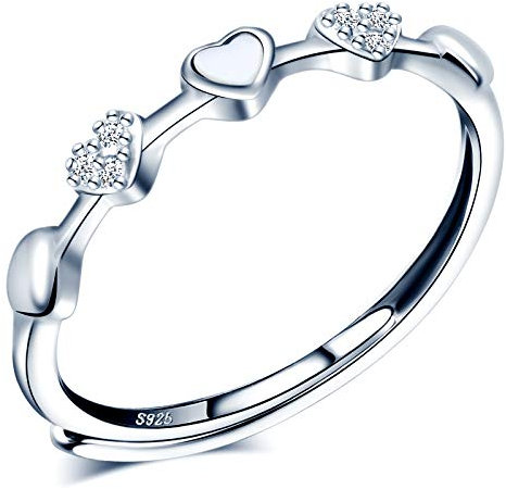 CPSLOVE Damen Mädchen Ringe, 925 Silber ringe, Weißer muschel herz ringe, Eingelegter Zirkon, Ringe öffnen, Einstellbare Größe, Hochzeitsring, Verlobungsring, Geeigneter Fingerumfang: 49-57mm