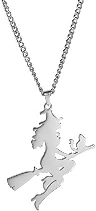 Dreamtimes Magic Little Witch Besen Katze Anhänger Halskette Charms Weihnachtscharme Geschenke Halloween Charms Edelstahl Mond & Magic Witch Halskette (Silber-)