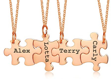 Personalised Best Friend Necklace - Customised Stainless Steel Puzzle Name BFF Necklace for 4, Rose Gold Jigsaw Matching Necklaces for Women Girls, Friendship Necklace Gifts for Birthday Christmas