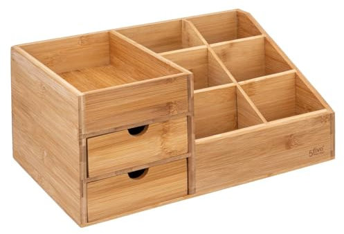 Five - Organiseur de Salle de Bain Rangement Maquillage 2 Tiroirs et 7 Compartiments en Bambou