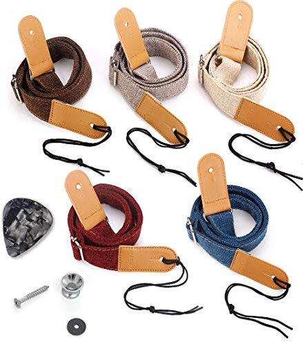 Longteam Correa para ukelele de lino, de piel, longitud ajustable, duradera, con clavos, cuerda y púas (marrón liso)