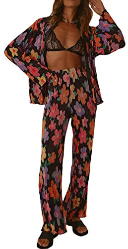 XIXIMAON Conjunto de Pantalones y Camisa para Mujer 2 Piezas Traje Vintage de Mujer Juego de Ropa Informal Top Blusa Suelta de Manga Larga Pantalón Largo Elástico para Primavera Verano (Negro, L)