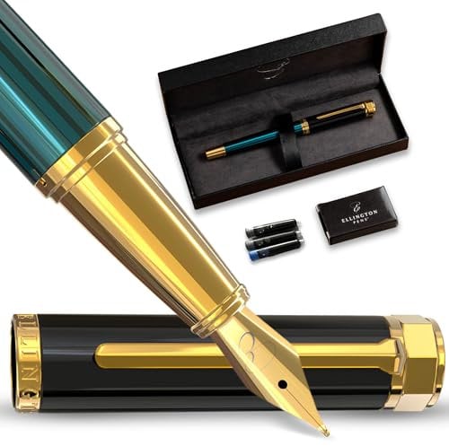 Ellington Pens Luxury Fountain Pen Set- Fountain Pens for Writing - Smooth Nib - Includes Refillable Ink Converter, 3 Ink Cartridges [2 Black & 1 Blue], Gift Box - Elegant Calligraphy