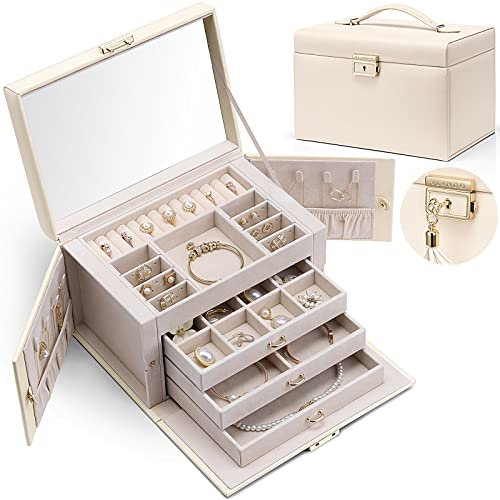 Vlando Baroches Schmuckkästchen aus Leder für Damen, große Schmuckschatulle mit 4 Ebenen, abschließbare Schmuckschatulle für Damen, Schmuckaufbewahrung mit Schubladen für Armbänder, Ringe, Ketten