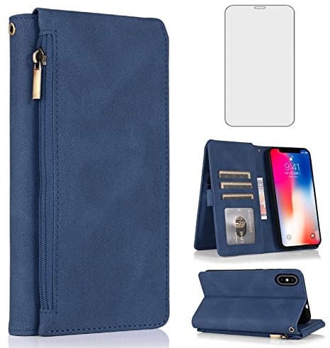 Compatible with iPhone Xs X 10 10s Wallet Case Tempered Glass Screen Protector Zipper Leather Flip Cover Card Holder Stand Phone for iPhoneX iPhoneXs iPhone10 i PhoneX SX 10x 10xs X’s Women Men Blue