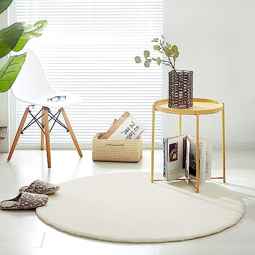 Teppich Wölkchen Fell Rund, Fellteppich Rund, Kunstfell Teppich Waschbar, Hasenfell, Kaninchenfell - Flauschiger Teppich Wohnzimmer, Bettvorleger Schlafzimmer - Beige - Rund 120cm