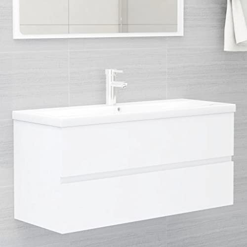 homiuse 100x38,5x45 cm Armoire D'éVier avec Lavabo IntéGré Meuble Salle de Bain avec Vasque Meuble de Salle de Bain Rectangle Cabinet Tiroir&Ramique Lavabo Encastré et Robinet Suspendue Blanc