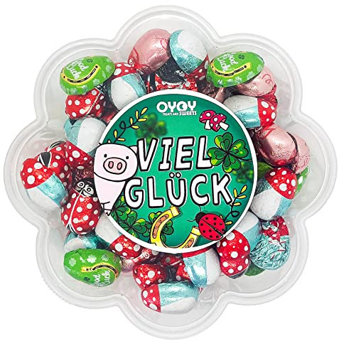 OYOY Viel Glück Geschenkbox Blume gefüllt mit 500g Glücksbringer Schokolade I Süßigkeiten Box mit Viel Glück Schokolade I Glücksbringer Silvester Geschenk