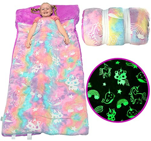 Kinder-Schlafsack mit Kissentasche, Regenbogenfarben, leuchtet im Dunkeln, für Jungen und Mädchen, großer und weicher Kleinkind-Schlafsack für Mädchen und Jungen, Plüsch, Kleinkind-Schlafmatte,