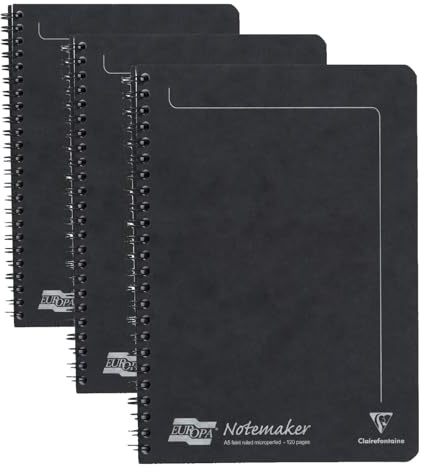Clairefontaine - Ref 4852Z - Europa Notemaker Sidebound Notebook (120 Pages) - A5 Size, 90gsm Brushed Vellum Paper, Micro-Perforated Sheets, Lined Rulings - Black (Pack of 3)