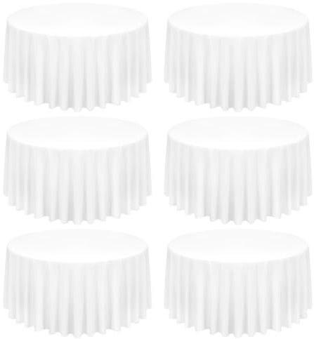 Lot de 6 Nappes Blanche de Polyester, Nappe Ronde Blanche, Nappe Ronde 120 Pouces/ 300cm, Résistant aux Taches et aux Rides Lavable Nappe pour Banquet de Mariage Fête ou Restaurants