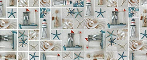 Wachstuch Tischdecken Meterware PVC 140 cm - 1 Meter, Wachstischdecke, Gartentischdecke, Outdoor, Garten, Wasserabweisend, Abwaschbar, Wetterfest (Seestern Leuchtturm Muschel Maritim)