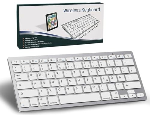 Clavier Bluetooth sans fil - QWERTZ allemand - Mini clavier sans fil compact ultra fin pour iPad, Mac, ordinateur portable, tablette, surface, téléphone, ordinateur, Windows/Android/iOS, argenté