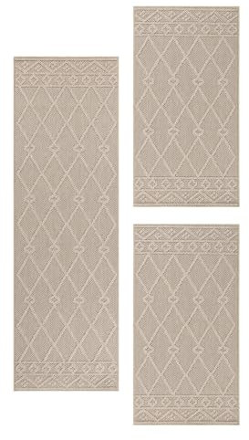 Carpetsale24 Bettumrandung Schlafzimmer 3 teilig Skandinavischer Teppich Beige Bettvorleger Schlafzimmer Bettset: 2 St. 80x150 cm | 1 St. 80x250 cm - Boho Stil Teppich Hoch-Tief Effekt Läufer Set