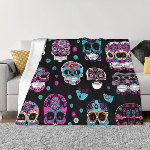 Weiche warme Überwurfdecke mit buntem Totenkopf-Druck, ultraweiche Micro-Fleece-Decke für Bett, Couch, Stuhl, Wohnzimmer