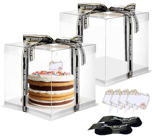 Vebetter 2Pz Tortenbox Transparent, 30*30*26 Cake Boxes Tortenbox Durchsichtige Geschenkbox Tortenschachtel Transportbox Torte Geschenkbox Durchsichtig mit Sockel und Band für Geburtstag Dessert,Weiß
