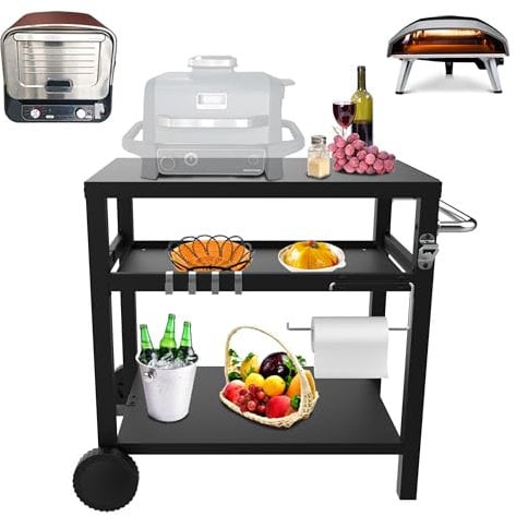BBQCuker BBQ Grill Cart 3-Shelves Outdoor Patio Kitchen Cooking Camping with Wheels/Hooks/Towel Holder/Bottle Opener Easy Assemble, Grill Stand for Picnic, Camping, 29.5 * 19.6 * 29.7 inches
