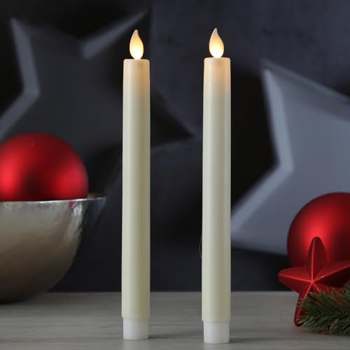 MARELIDA LED Stabkerzen - Kunststoff - bewegliche Flamme - Timer - H: 24cm - 2er Set (Creme)