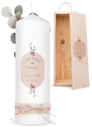 AMARI ® Hochzeitskerze personalisiert Rose 25/8 cm - Traukerze Hochzeit - Hochzeitskerze Standesamt - Hochzeitskerze mit Namen und Datum - Traukerze Hochzeit personalisiert