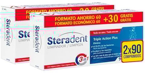 Steradent - Comprimidos limpiadores de prótesis dentales Triple Action Plus - 60 + 30 x2