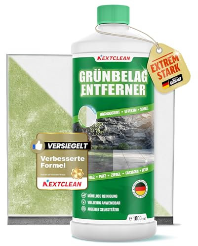 NEXTCLEAN Grünbelagentferner [EXTREM STARK] - Entfernt innerhalb Moos und Grünspan - Premium Terrassenreiniger oder Fassadenreiniger für glänzende Resultate - Vielseitig einsetzbar 1 L