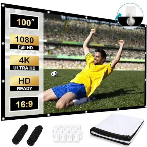 Schermo Proiettore 100 Pollici, 16:9 HD 4K Telo Proiettore Portatile Anti Rughe Projector Screen Pieghevole, Bifacciale Telo Proiezione Esterno per Domestico All'aperto Teatro Ufficio