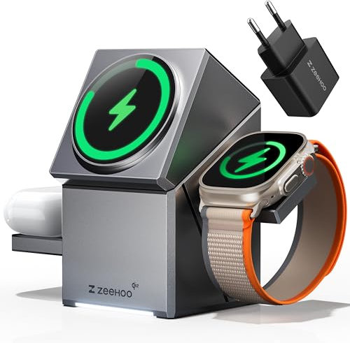 ZEEHOO 3 in 1 Wireless Charging Station, MagSafe Charger with Qi2 Certification, 15W Rotation Wireless Charger Stand for iPhone 15/14/13/12 Compatible Apple Watch,AirPods (Adapter Included)