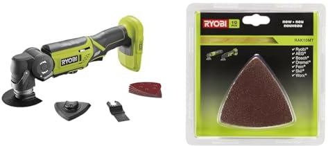 Ryobi - Outil multifonctions 18 V One+ sans batterie ni chargeur 10000-20000 osc/min tête 5 positions - R18MT-0, Hyper Vert & Kit 10 triangles abrasifs Ryobi multitool ONE+ RAK10MT