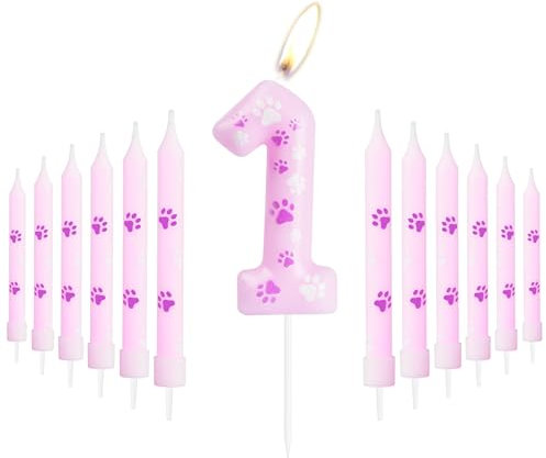 Pink Dog Paw 1st Birthday Candles, First Birthday Number 1 Candles for Cake, Pink Birthday Cake Decorations, Pink Cake Topper, Pink Dog Paw Theme for Boys Girls Pet Birthday Party Decorations Supplies