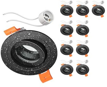 ledscom.de 10 Stück Bad-Deckeneinbaurahmen ERID, Feuchtraum, Badezimmer, IP44, rund, schwenkbar, schwarz matt, inkl. GU10 Fassung