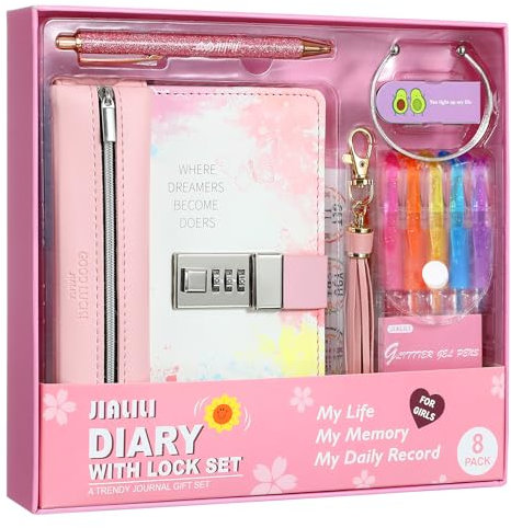 JIALILI Diary with Lock for Girls Ages 8-12, Kids Journal with Lock, Password Journal Notebook Kit for Teen Girls, 256 Pages Secrect Diary, Birthday Gifts for 6 7 8 9 10 11 12 Year Old Girls