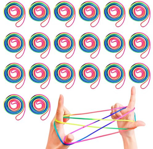 FUIPVGI 20 Pièces Jeu de Ficelle Doigts Jeu de Corde Arc-en-Ciel Finger Twist Corde à Doigts Rainbow Rope Jeu de Doigts pour Garçons et Filles à Partir de 5 Ans, Jeu élastique Enfant Doigt (Couleur)
