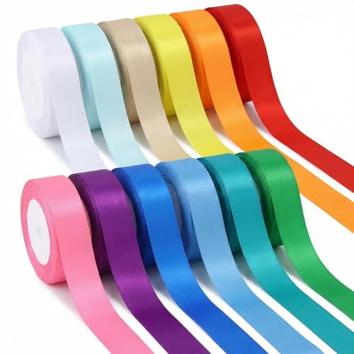 QWORK® 12 Farben Satinband 25 MM x 12 M, Bunte Stoff Bänder zum DIY Basteln, Geschenk Verpacken, Hochzeit PartyDekoration