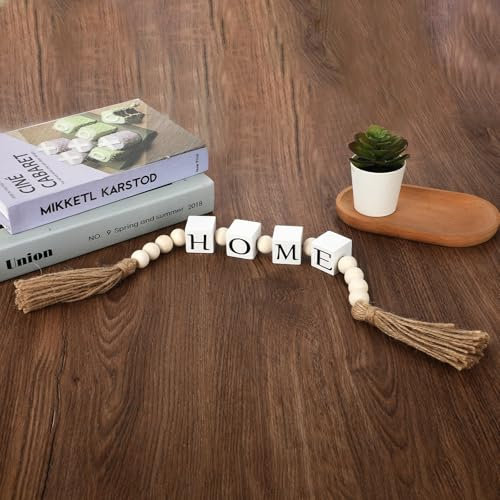 COMNICO Wood Home Block Bead Garland with Tassels Reversible Modern Farmhouse Decorative Home Sign Beaded Garland for Kitchen Wall Coffee Bar Tabletop Mantel Shelf Tiered Tray Decor Accessories