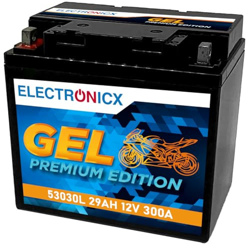 ELECTRONICX GEL-Motorradbatterie 53030L 12V 29Ah 300A/EN – Vorgeladen, Wartungsfrei, Auslaufsicher – Zuverlässige Startkraft, Lange Lebensdauer – Pluspol links – Ideal für ABS-Motorräder und Off-Road