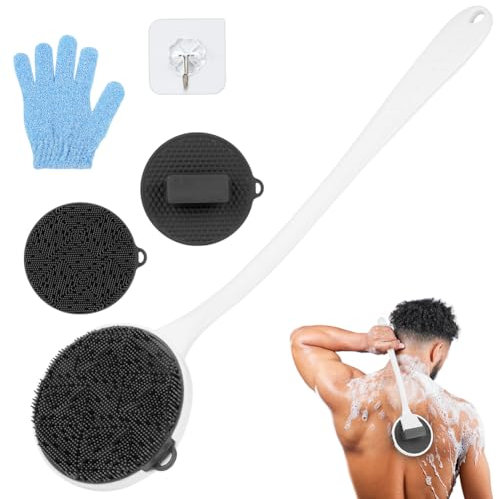 LOPHE Silicone Body Scrubber, Detachable Back Scrubber with Long Handle, Removable Shower Bath Wash Brush for Women Men Shower Spa Exfoliating Massage (White)