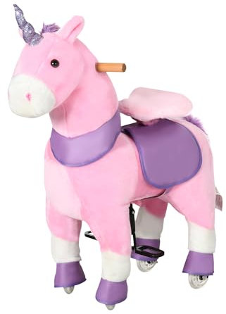 HOMCOM Reitpferd, Standpferd mit 2 Pedalen, Einhorn Stehpferd auf Rollen, Schaukelpferd für Mädchen ab 3 Jahren, 70 x 32 x 87 cm, Lila+Rosa