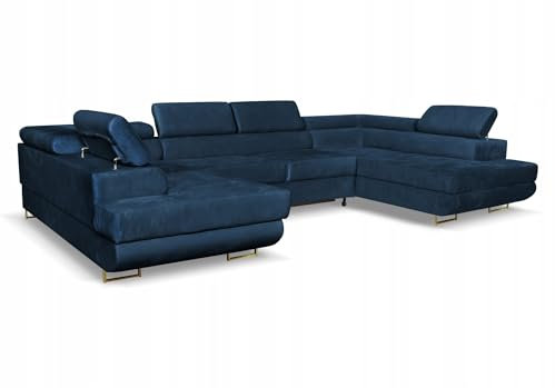 Family Meble Ecksofa, Modell Bosso Big, Schlaffunktion, Freistehendes, Ausklappbares, Behälter für Bettwäsche, Strapazierfähiges Material, Schmutzabweisend, für Wohnzimmer, Schlafzimmer, Dunkelblau