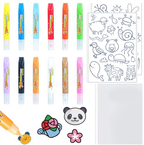 Nurila Window Color Set Kinder, Fensterfarben Kinder, Window Color 12 Pinselfarben und Zwei Pflanzen und Tiere Graffiti-Muster, eine A4-Backfolie, Fenstermalfarben für Glas, Spiegel, Fensterbilder