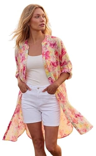 Roman Floral Print Longline Blouse for Women UK - Ladies Spring Everyday Summer Holiday V-Neckline Comfy Long Sleeve Soft Button Up Shirt Vacation Beach Tops - Pink Floral - Size 12