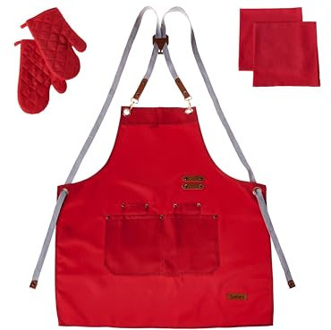 Beliani Conjunto de textiles de cocina delantal guantes de horno paños de cocina rojo Brassica