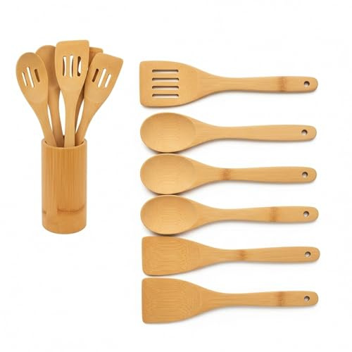 Bamboo Spoon Utensils Set – 7 Pieces Bamboo Cooking Spoons & Spatulas | Non-Toxic, Heat Resistant Wood Spoon Set | Eco-Friendly Wooden Kitchen Utensils for Non-Stick Cookware.