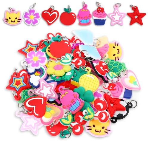 Ouligay 60 Stück Loom Anhänger Set Gummi Loom Bänder Anhänger Zubehör für Schmuckherstellung, Loop Armband Charms, Schmuck Selber Machen DIY Armbänder Halskette Basteln Geschenk