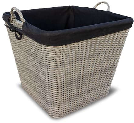 HABAU Feuerholzkorb mit waschbarem Stoffeinsatz, Holzkorb aus extrem robustem Polyethylen mit Metallrahmen - Korb in Grau (49 cm)