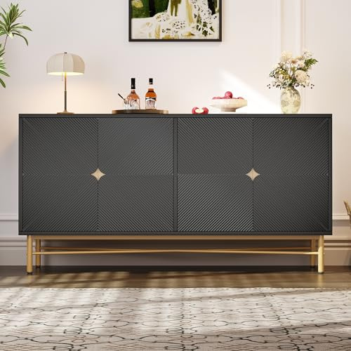 Moimhear Sideboard mit Erhabener Textur, 160×40×82cm, Schrank mit Vier Türen Goldene Gebürstete Griffe und Hochglanz Tischbeine (Schwarz+Gold)