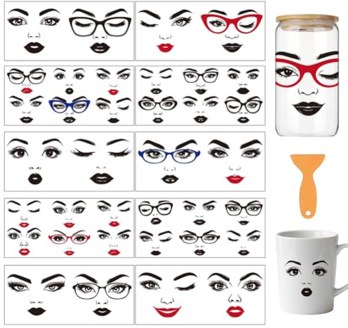 arricraft 10 Blätter Augen Lippen UV DTF Tasse Transfer Aufkleber | 24x11cm Wasserfest Rub On Sticker Möbelfolie Selbstklebend für DIY Kunsthandwerk Becher, Flaschen, 16oz Glas, Möbel