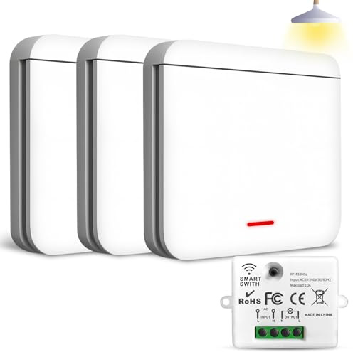 Ghekkli Interruttore senza fili 433 Mhz - 2200 W/10 A Interruttore Va e Vient Wireless con Ricevitore (Kit 3 interruttori + 1 ricevitori) - Controllo di illuminazione e prese