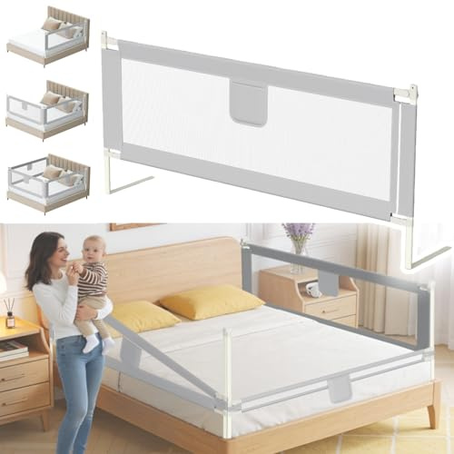 Jopassy 3er Bettgitter 2X200+1X180cm Bettschutzgitter Kinderbettgitter für Kinder,Rausfallschutz Boxspringbett Klappbar Nagelfreie Montage luftiges Rausfallschutz Bett für Kleinkinder Baby,Grau