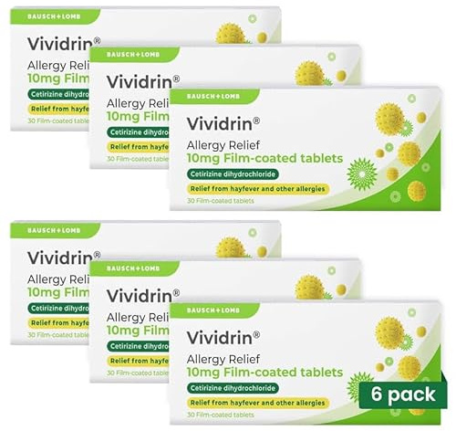 Vividrin Allergy Relief Tablets, Antihistamine, 30 Tablets, 6 Pack | Bausch + Lomb, Cetirizine 10mg, Hayfever, Sore and Itchy Eyes, Pet and Skin Allergies, Suitable for Adults and Kids 6+